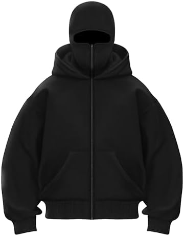 Men’s Full Sleeves Zipper Hoodie with Built-in Mask – Winter Cotton Fleece Hoodie (Black)