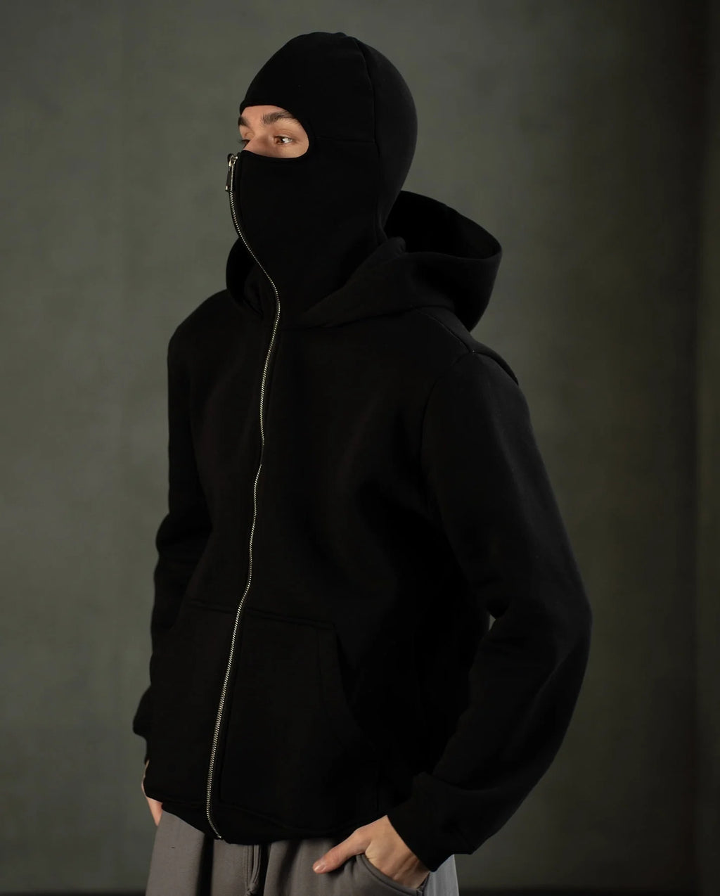 Men’s Full Sleeves Zipper Hoodie with Built-in Mask – Winter Cotton Fleece Hoodie (Black)