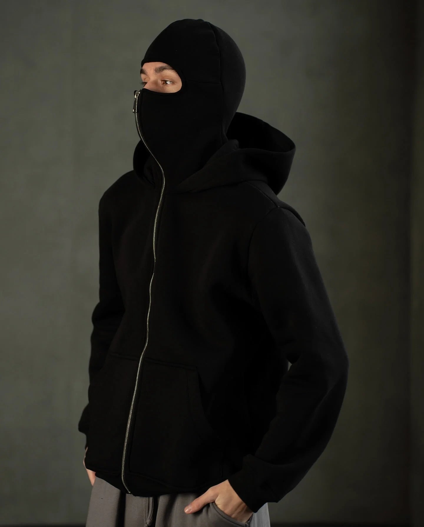 Men’s Full Sleeves Zipper Hoodie with Built-in Mask – Winter Cotton Fleece Hoodie (Black)